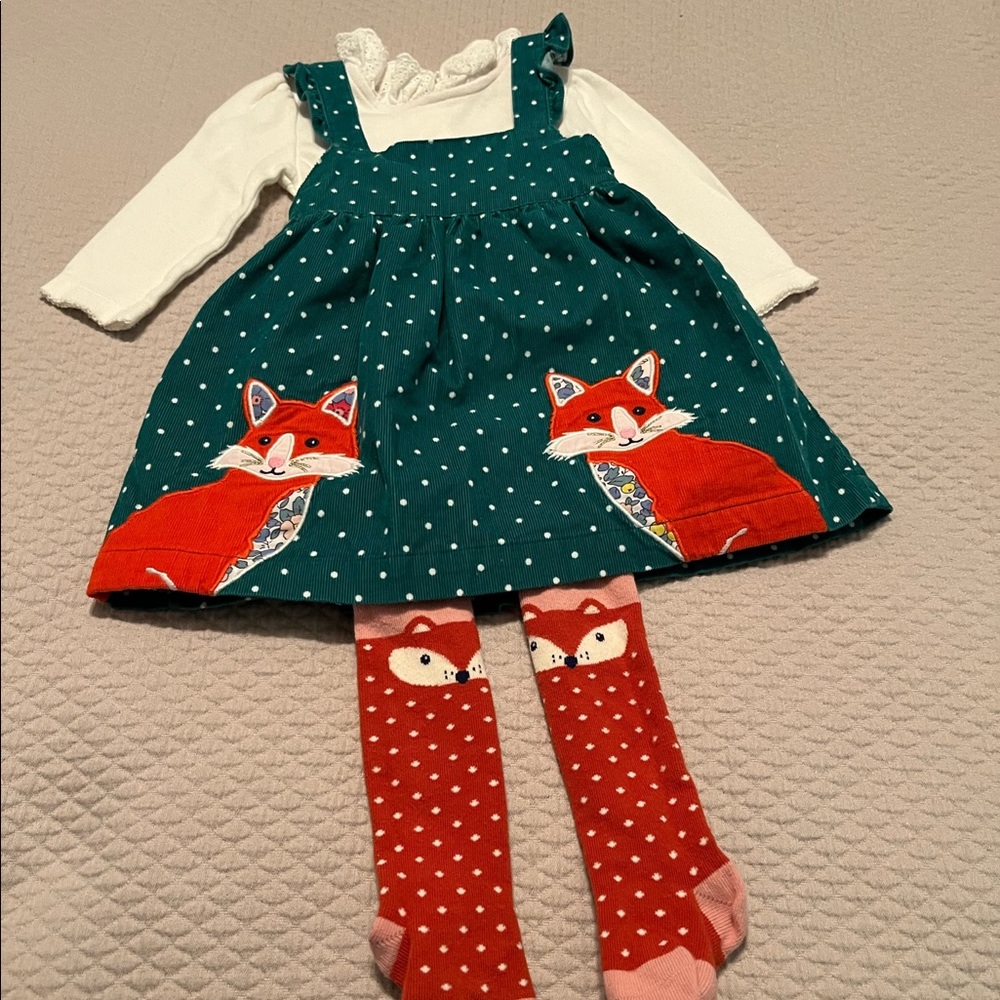 Baby Boden corduroy pinnie, Peter Pan collar bodysuit, and matching tights